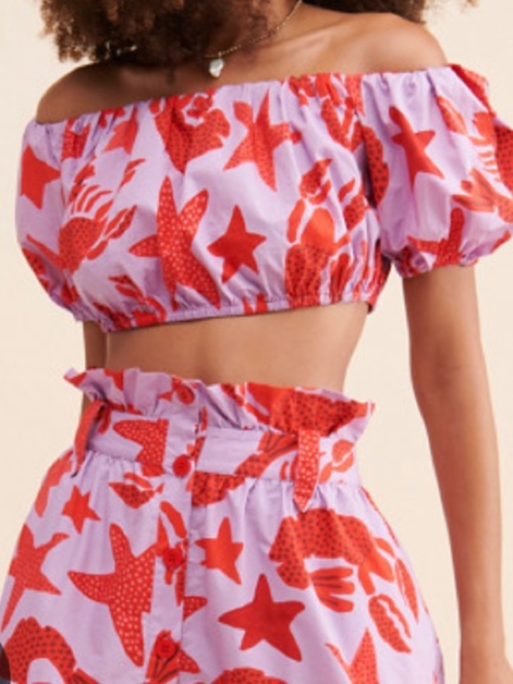 Farm Rio Off-Shoulder Lavender lobster Crop Top with Red Sea Life Print